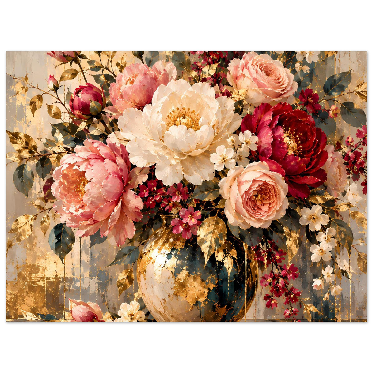 Blumenposter im Querformat: große Pfingstrosen-ähnliche Blüten in Vase, rosa und creme