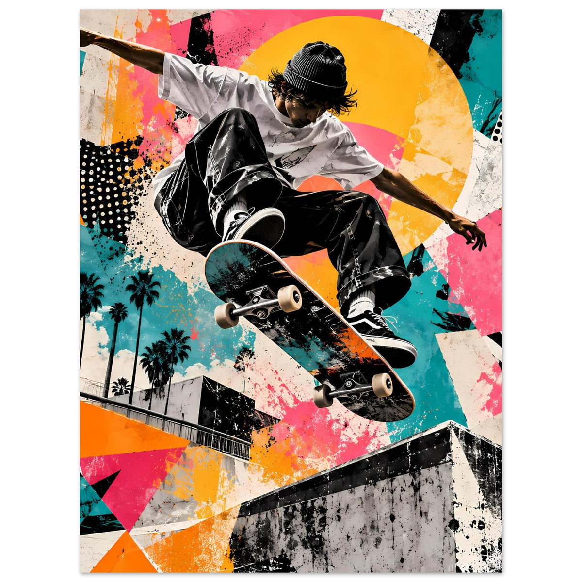 Poster im Hochformat: Skateboarder auf dem Skateboard in Street-Art-Neonfarben