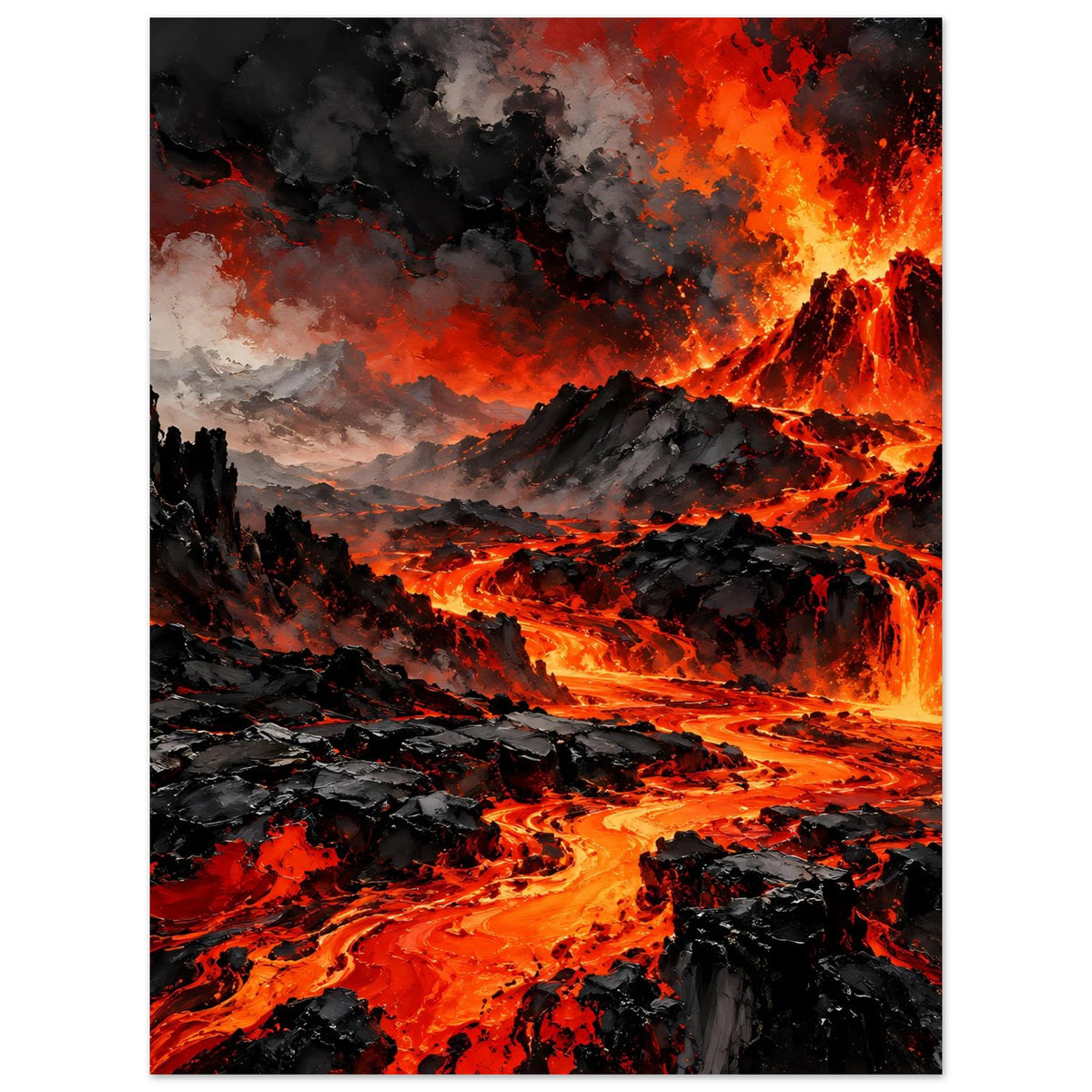 Hochformat-Poster: orange-rote Lava, schwarze Felsen und aufsteigender Rauch