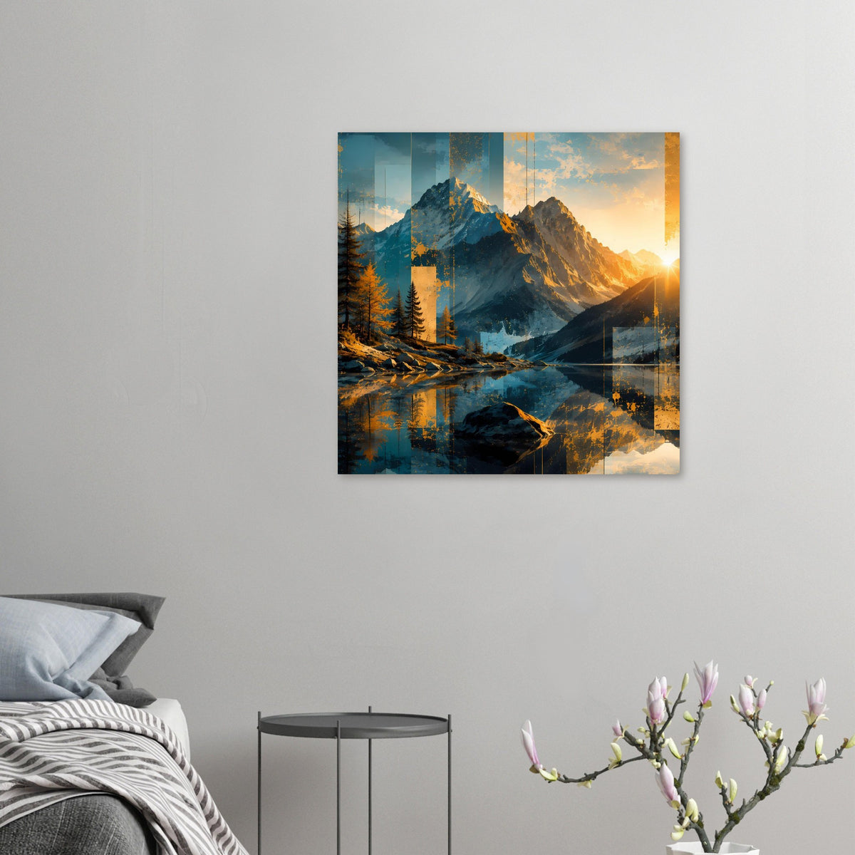 Kleines Poster im Quadratformat mit abstrakter Berglandschaft, Tannen und Sonnenaufgang