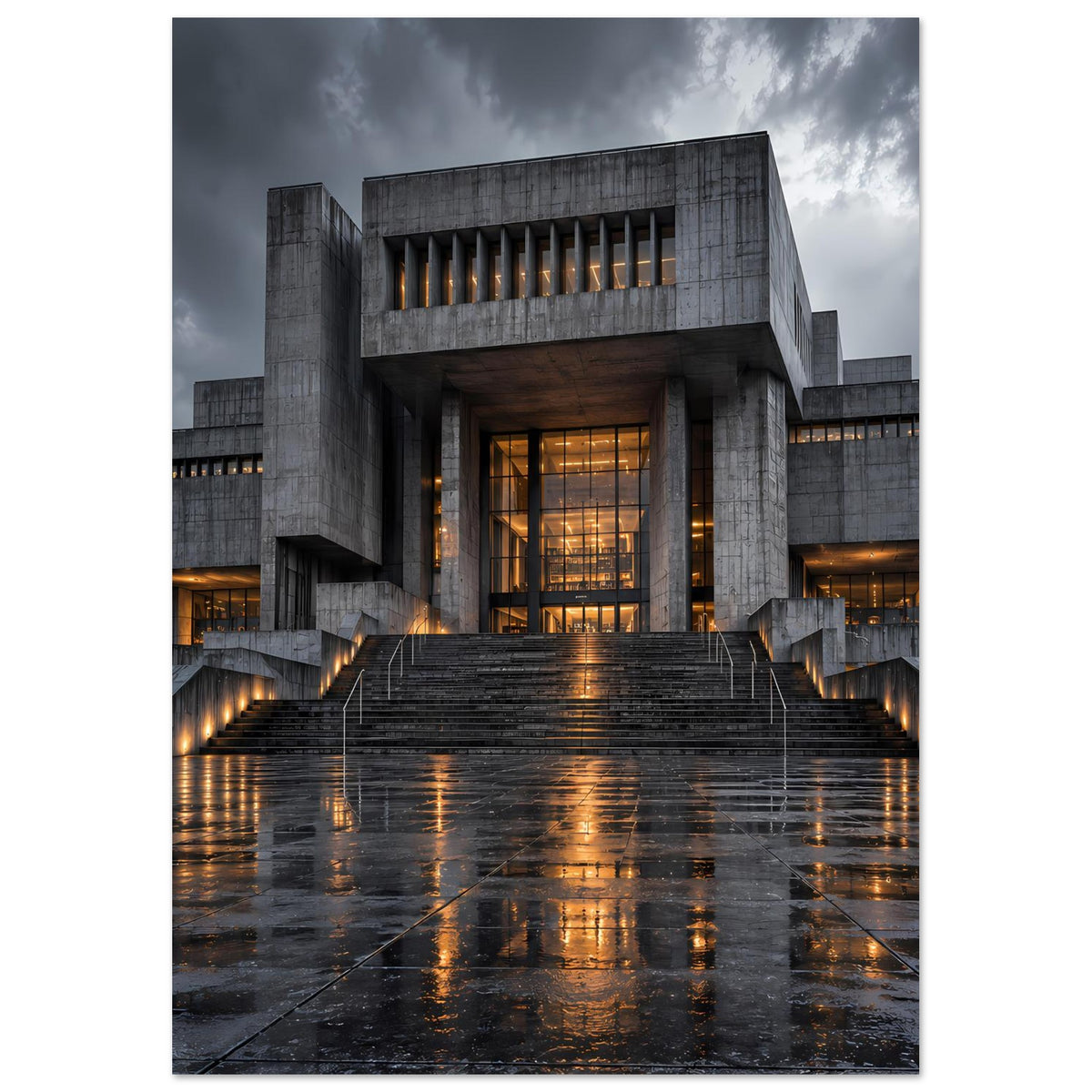 Architekturposter mit zentraler Fassade aus Beton, beleuchteter Tür und breiter Treppe