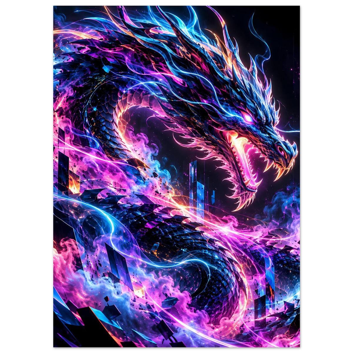 Hochformatiges Poster mit leuchtendem Cyberdrachen, rosa-violette Nebelflammen und Energie
