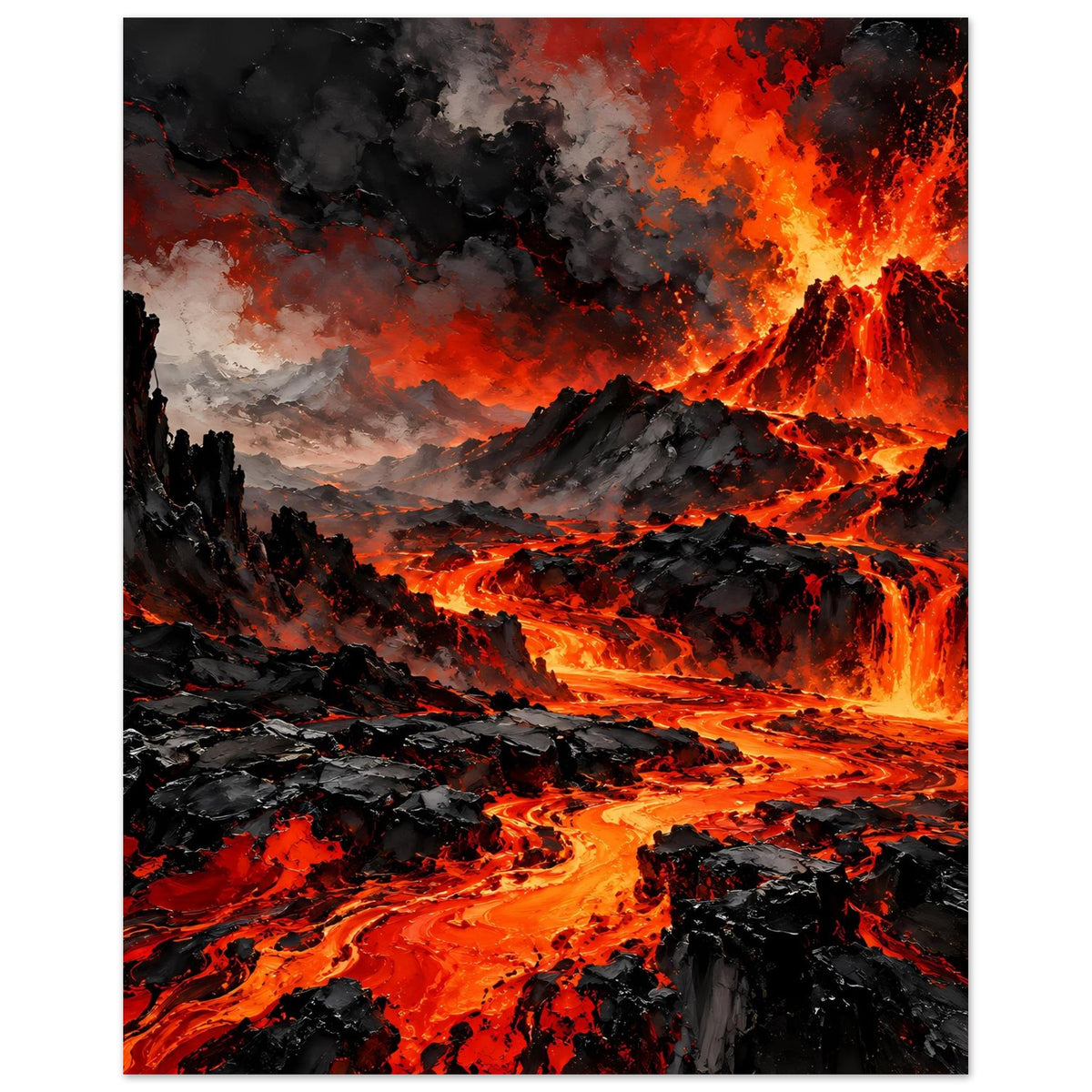 Poster mit Vulkanausbruch: glühende Lavafelder, dunkler Rauch und brennender Kraterausbruch
