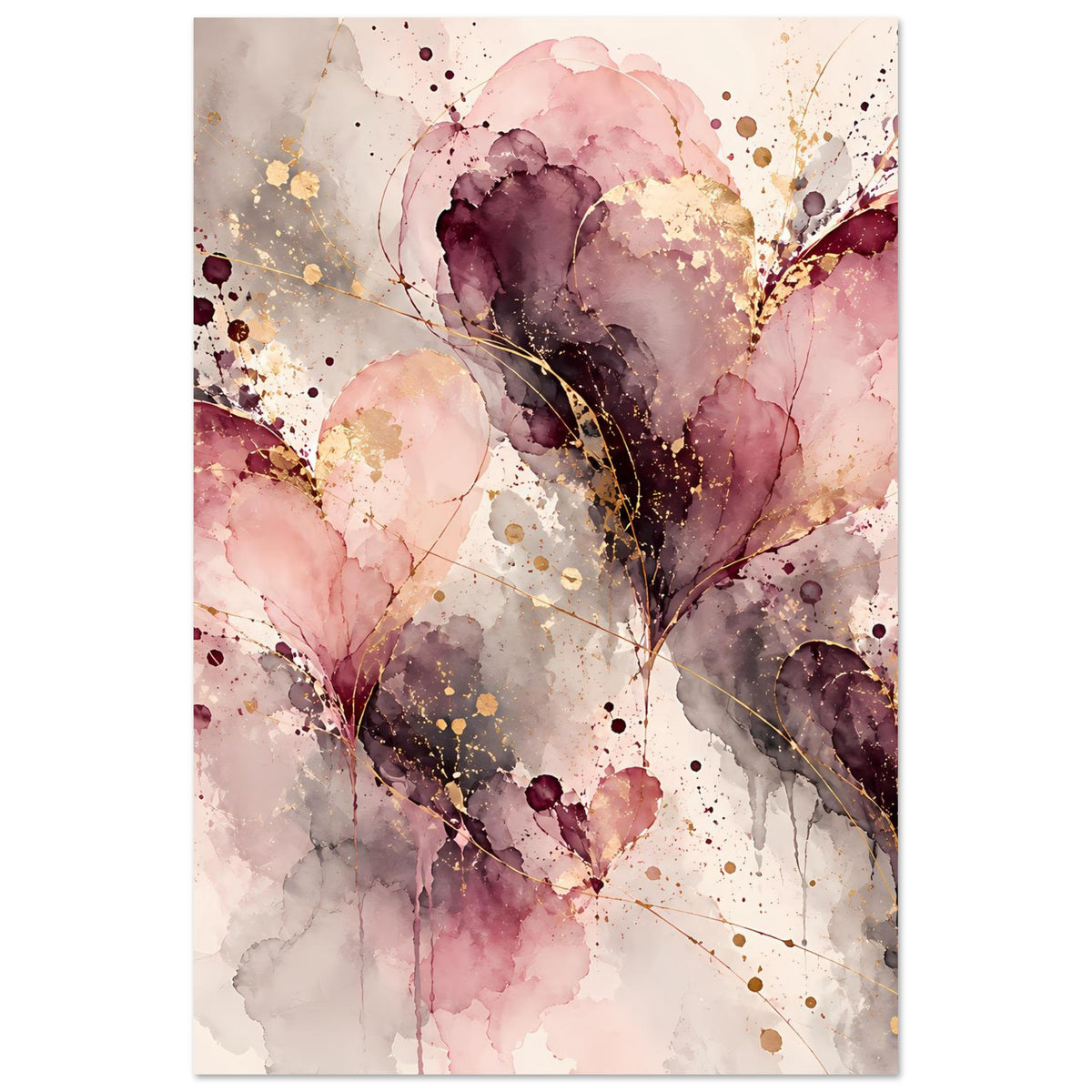 Abstraktes Herz-Poster im Hochformat: Aquarellherzen in Rosa, Violett und goldenen Akzenten