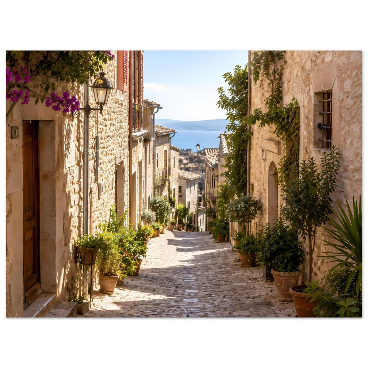 Kunstposter im Querformat: sonnige Gasse zwischen Steinhäusern mit Pflanzen und Kübeln