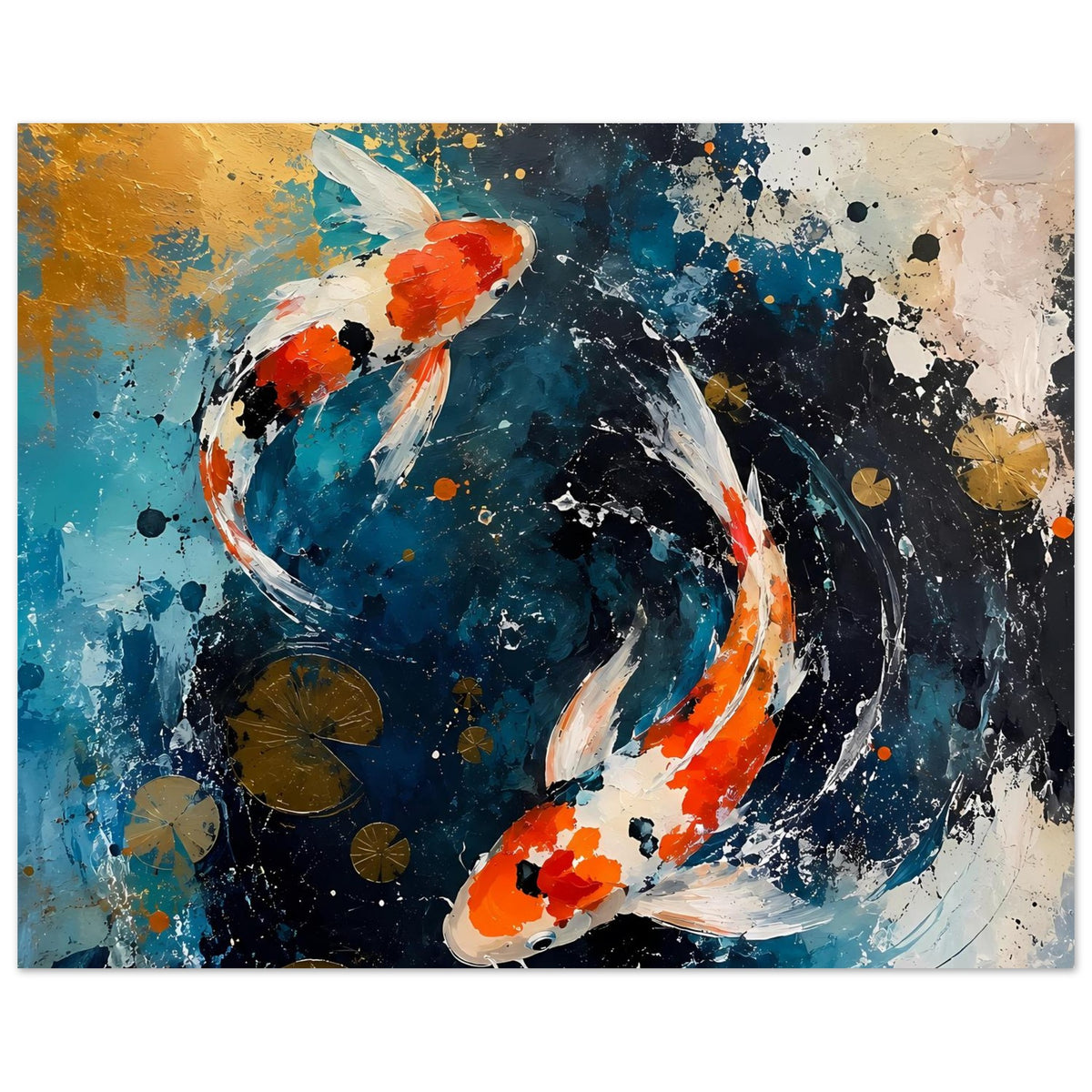 Poster mit zwei Koi, orangefarbene Köpfe, türkis-blauer Wirbel und Spritzer