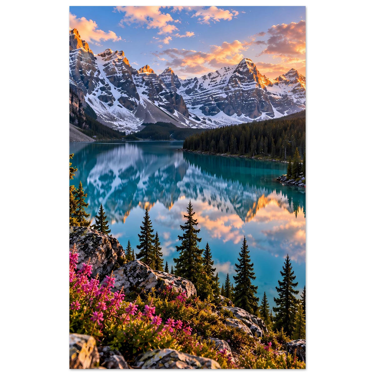 Hochformat-Bergsee-Poster mit türkisfarbenem See, verschneiten Bergen und Tannen am Ufer