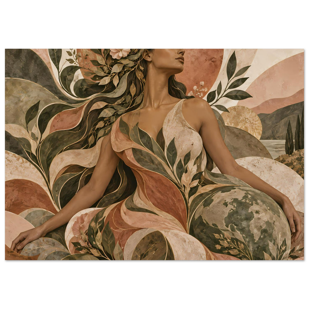 Kunst-Poster im Querformat: Frau im Profil mit Blüten, Blättern und Erdtönen