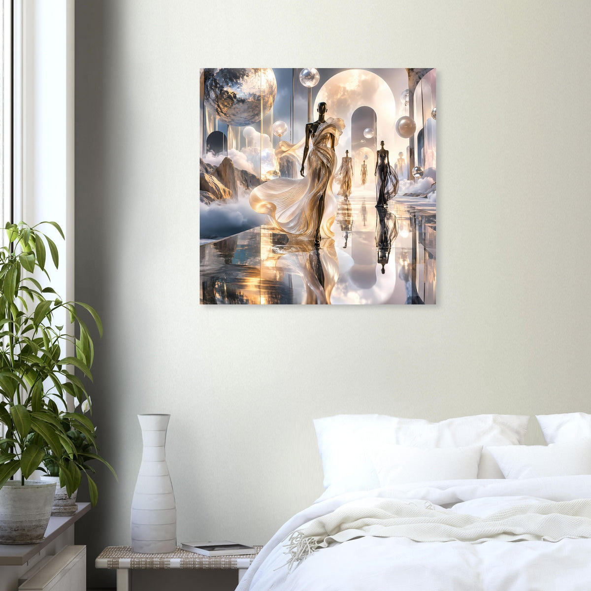 Quadratischer Kunstdruck mit Laufsteg-ähnlicher Szene, goldfarbenem Licht und spiegelnden Figuren.