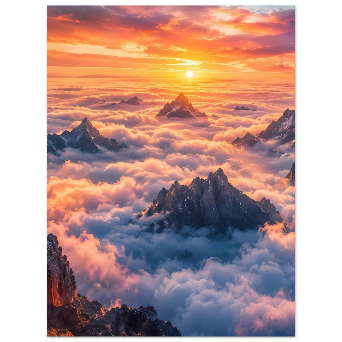 Poster mit Sonnenaufgang über Berggipfeln und Wolken, vertikales Format
