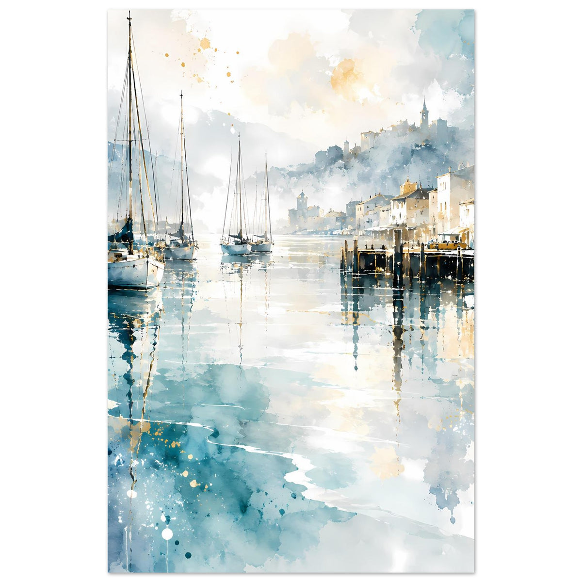 Vertikales Aquarell-Poster mit Segelbooten im Hafen, blauem Himmel und Wasserreflexionen