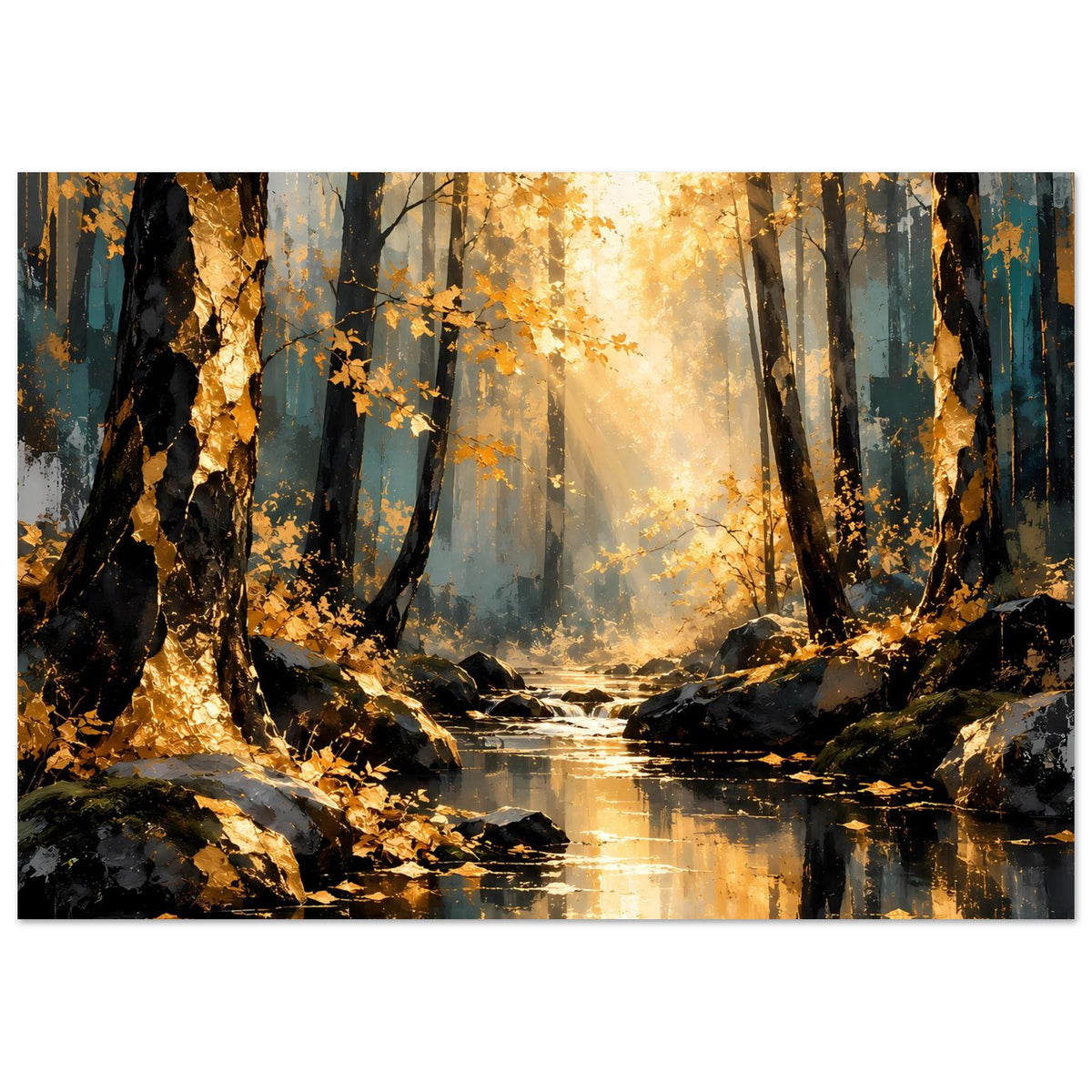 Herbstwald-Poster im Querformat: leuchtender Sonnenhintergrund, dunkle Stämme und Bach mit Reflexen