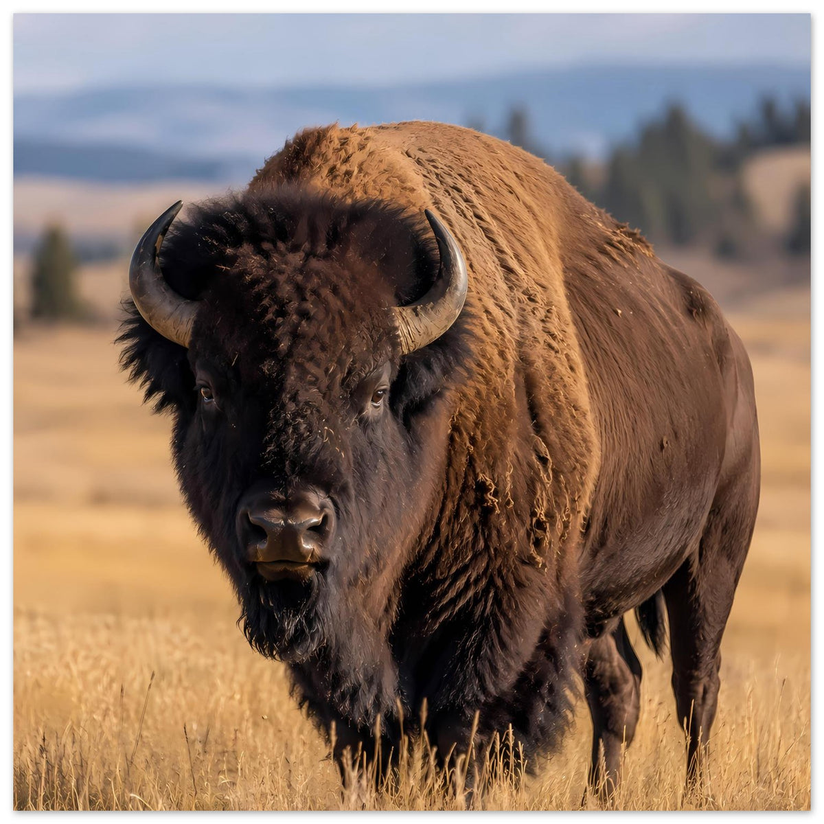 Bison-Wildtierposter: braunes und schwarzes Tier im Gras, frontal im Nahblick