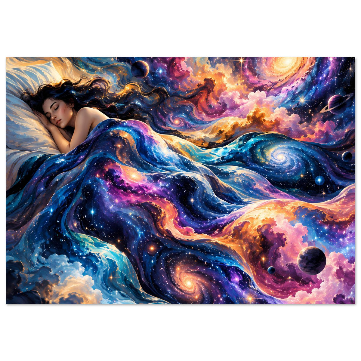 Galaxie-Wandposter im Querformat mit Frau im Weltall, bunten Nebeln und Sternen