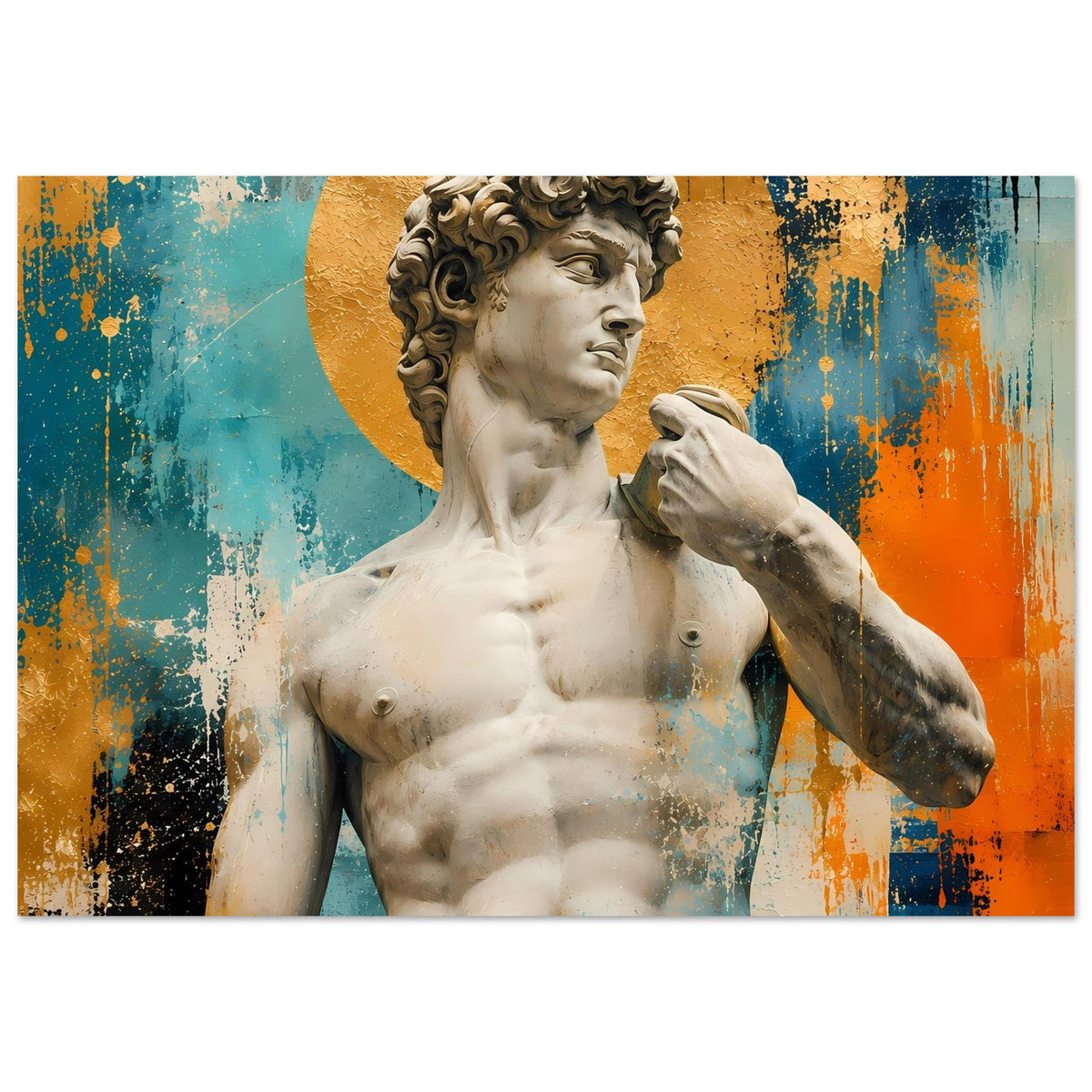 Poster mit Michelangelos-David-Statue vor goldenem Kreis, zentrierte Darstellung