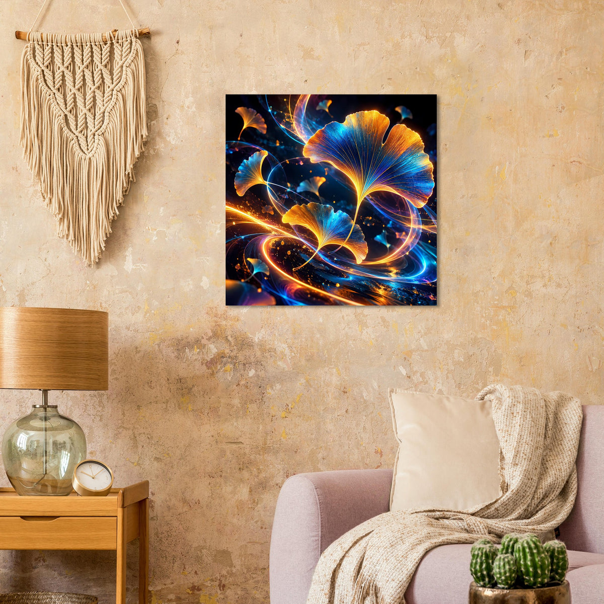 Quadratisches Poster mit leuchtenden Ginkgo-Blättern in Blau und Gold auf dunklem Hintergrund, schwarz gerahmt.