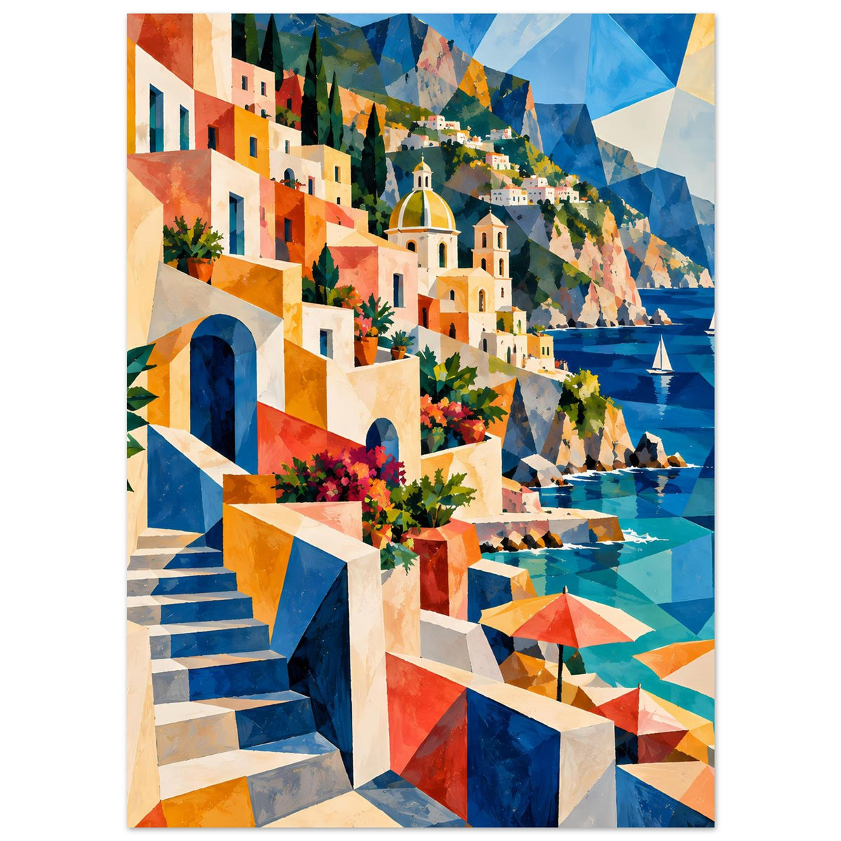 Poster mit Küstenblick: Treppe und Häuserfront, Kirche und Boote im Hintergrund