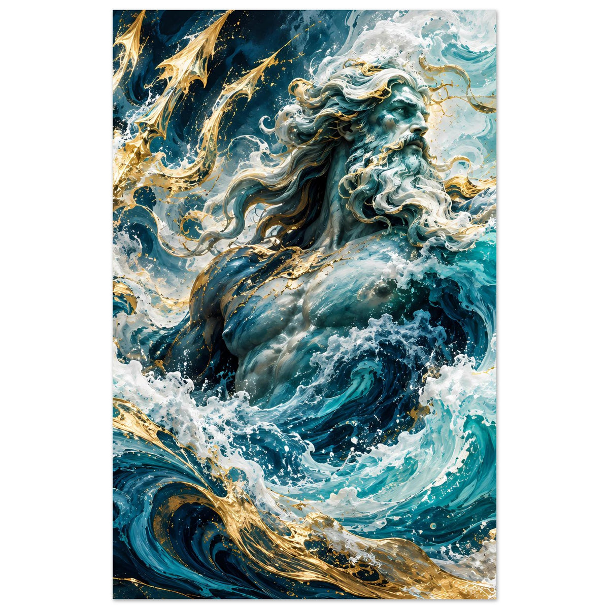 Poster im Hochformat: Meeresgott mit türkisblauen Locken, goldenen Akzenten und Wellen