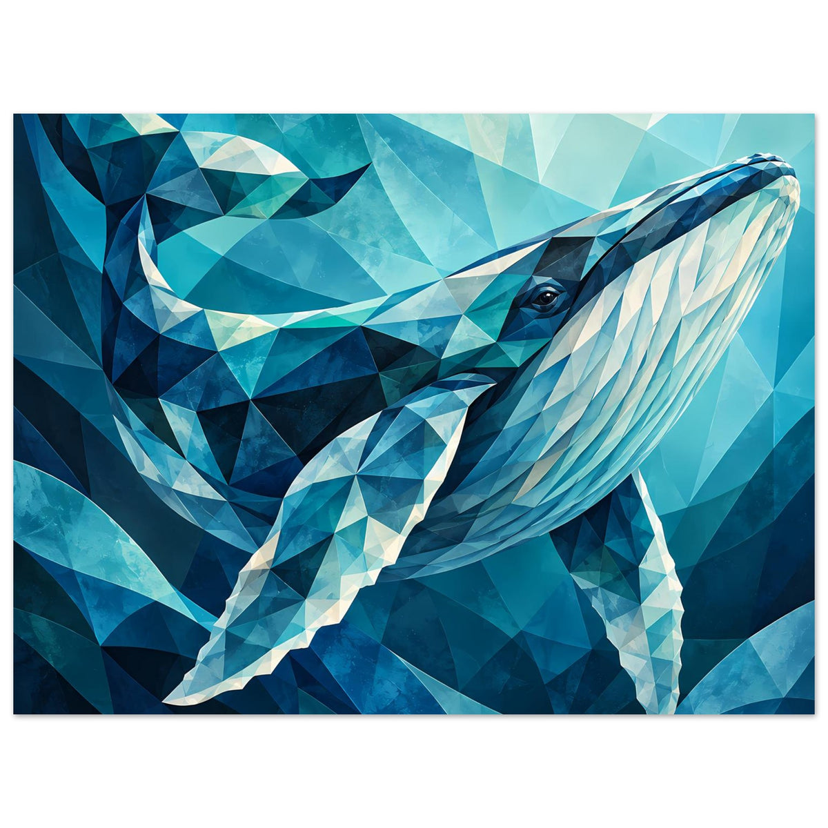 Geometrisches Blauwal-Poster im Querformat, türkisfarbene Dreiecke und helle Flossen