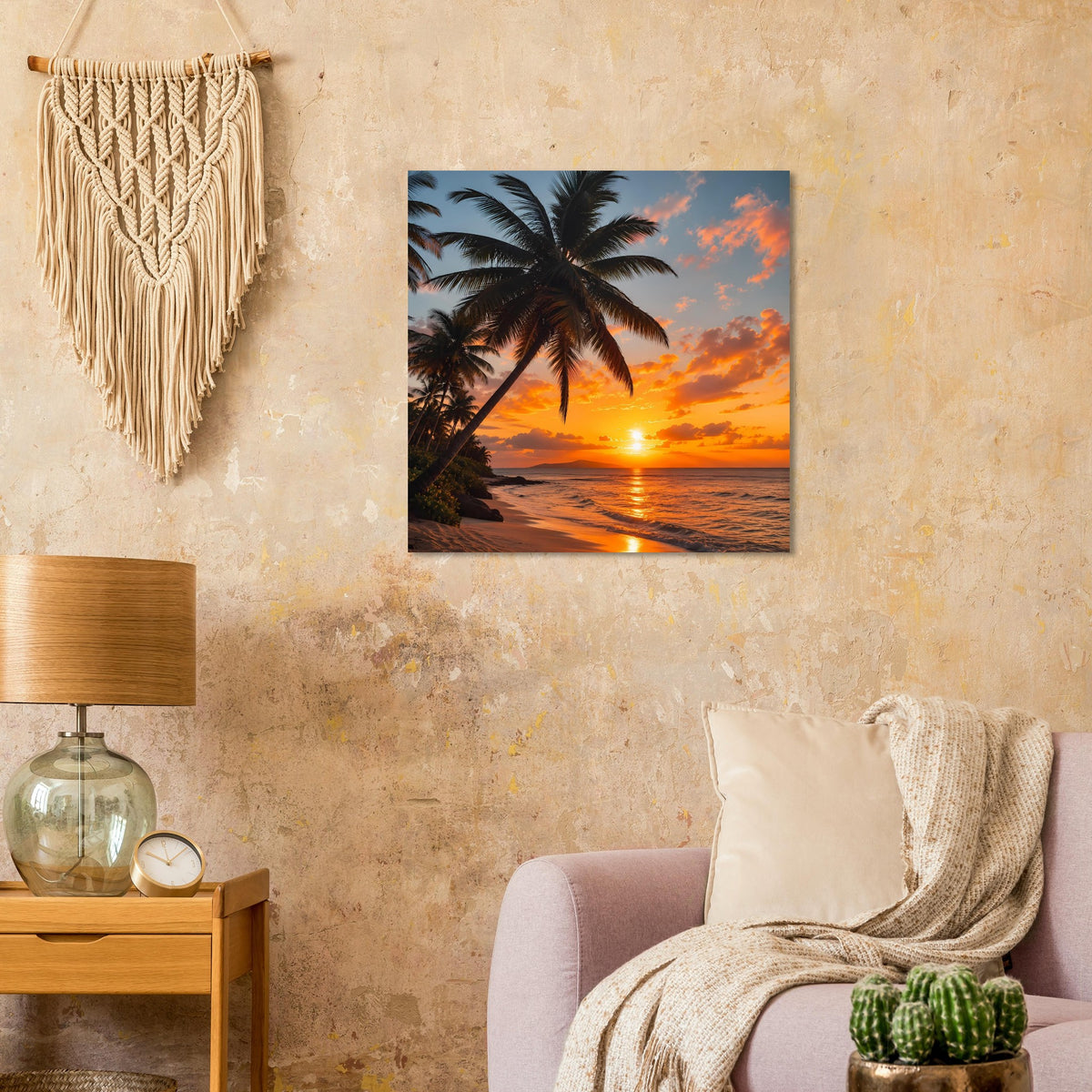 Quadratisches Wandposter mit Palmen, Strand und Sonnenuntergang, im schwarzen Rahmen