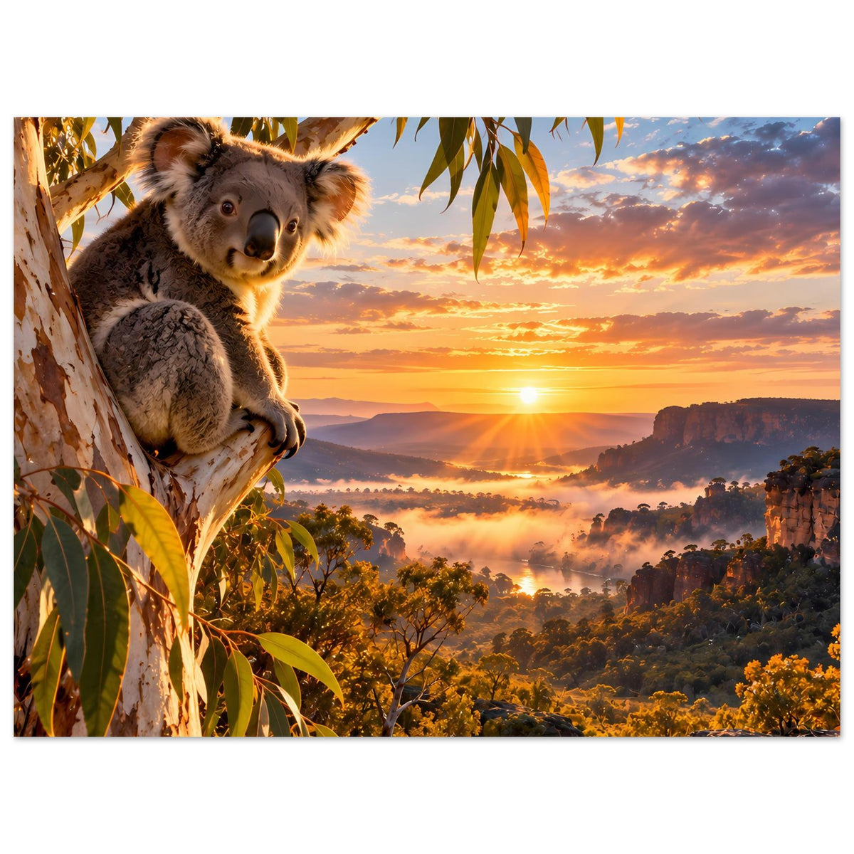 Koala-Fotomotiv-Poster im Querformat, Koala nah am Bildrand vor dem Sonnenaufgang