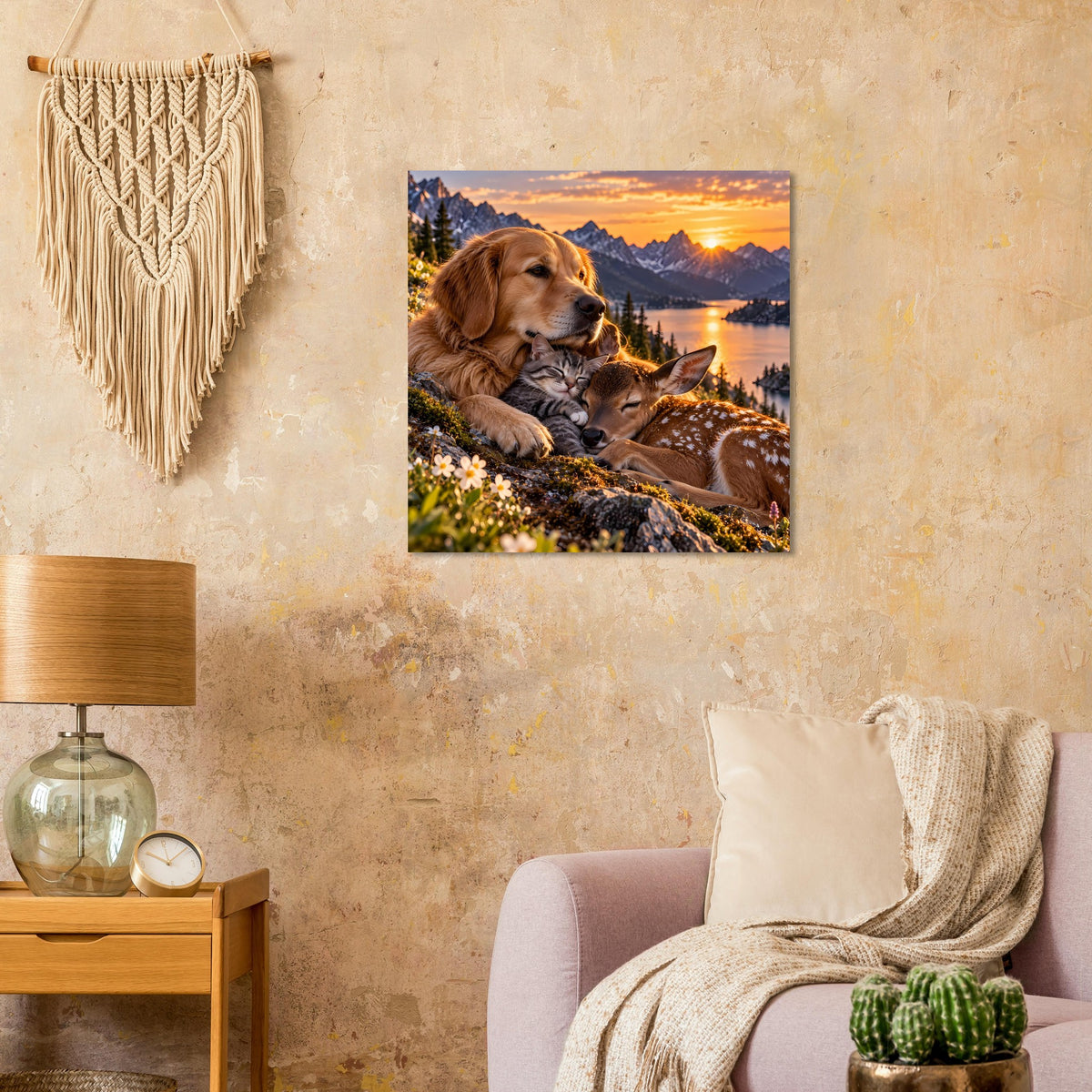 Tiermotiv-Poster mit braunem Hund und Katze auf Blumenhang bei Sonnenuntergang