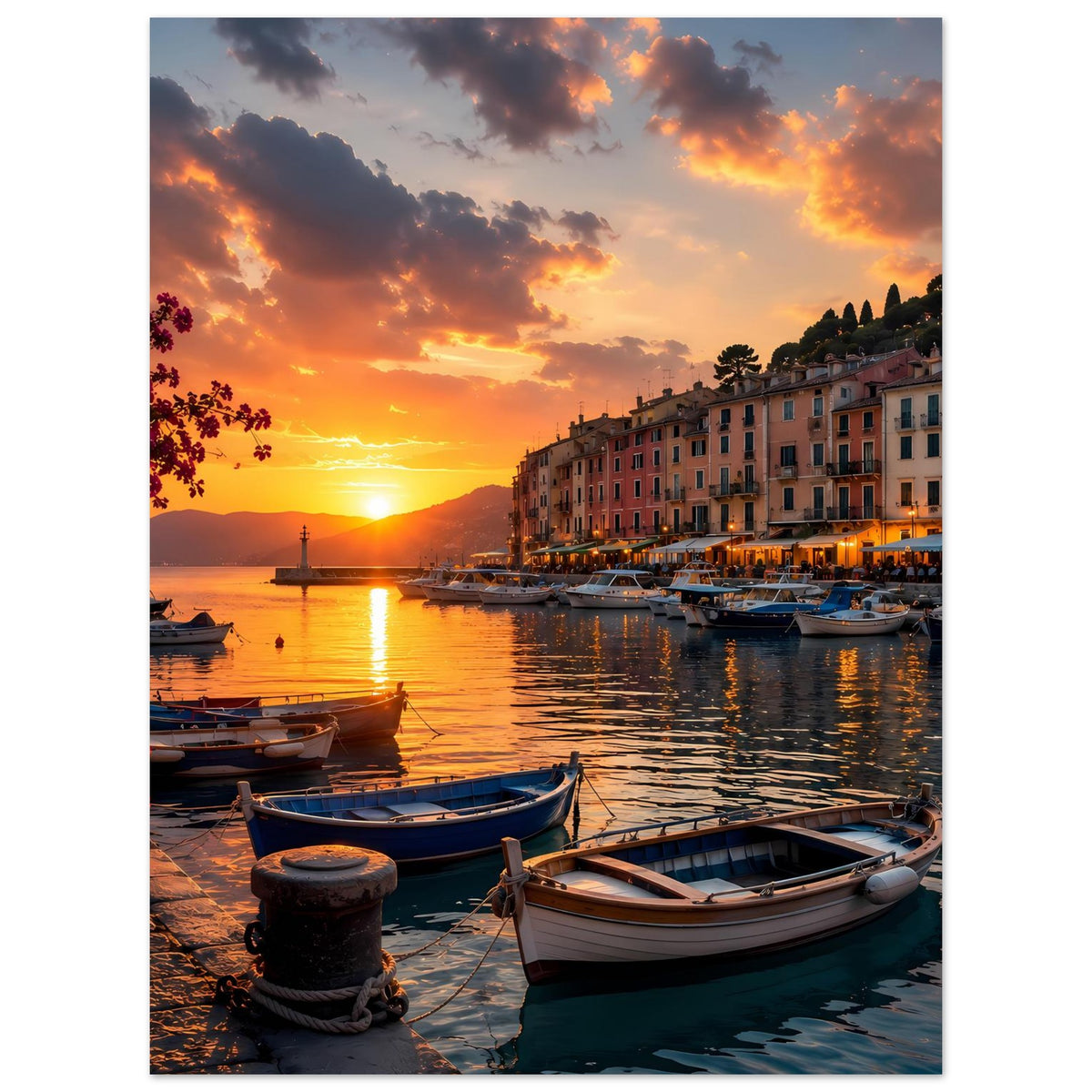 Küstenhafen-Poster mit Sonnenuntergang, Booten am Wasser und Häuserzeile
