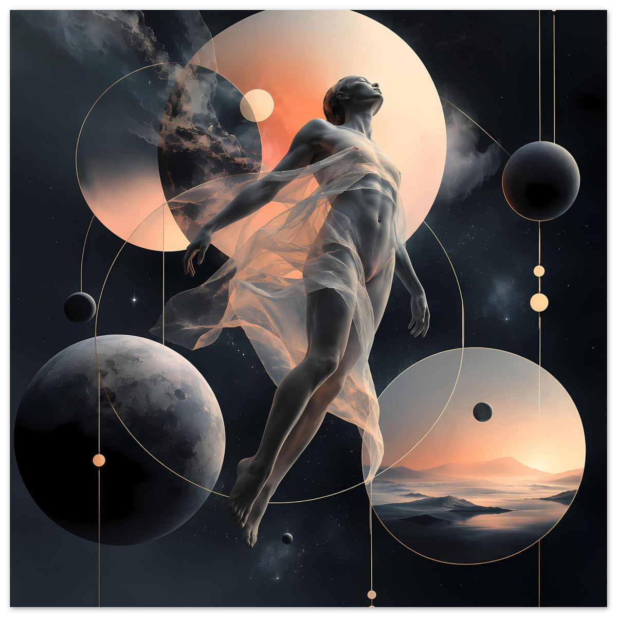 Horizontales Poster: schwebende Astralfigur vor Planeten und Kreisbahnen mit warmem Licht