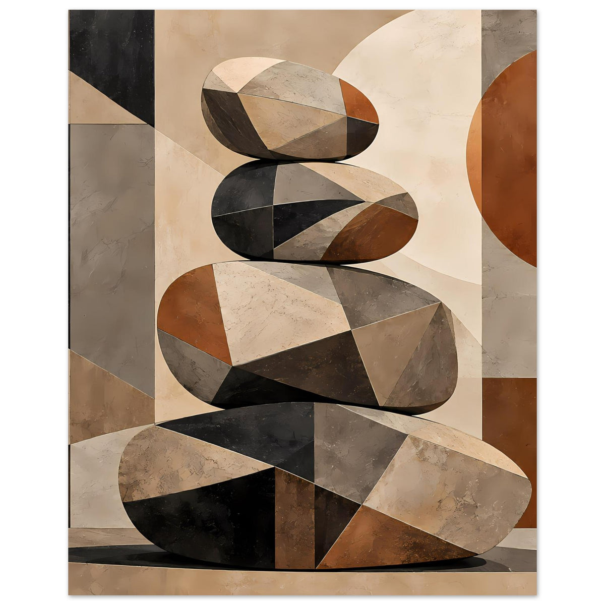 Abstraktes Poster, Steinstapel-Motiv aus überlappenden Ovalen in Beige, Braun und Schwarz