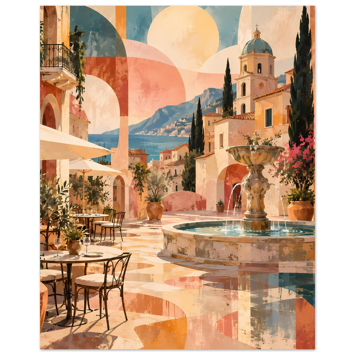 Mediterranes Poster im Hochformat: Brunnen und Kirche mit Kuppel vor Terrassenkulisse in Pastellfarben
