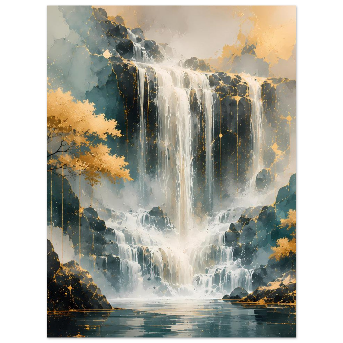 Wasserfall-Kunstdruck in Gold-Blau, vertikal, gerahmter Posterprint mit Fluss