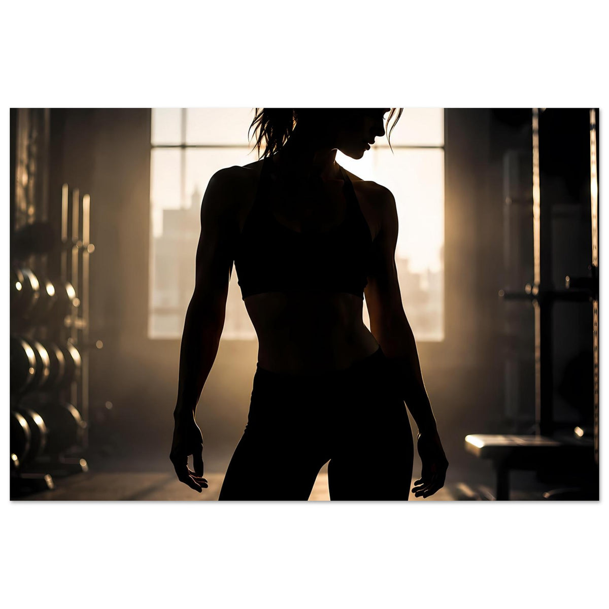 Fitnessposter im Querformat mit dunkler Silhouette einer Sportlerin im Studio