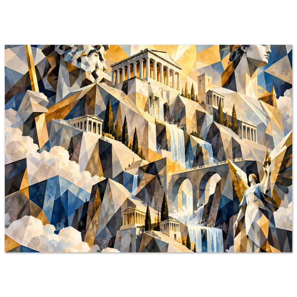 Querformat-Poster mit Tempelruinen, Wasserkaskade und polygonalen Statuen in Blau und Gold