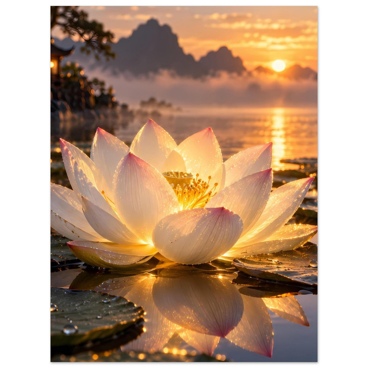 Poster mit weiß-gelber Lotusblüte im warmen Licht, mit spiegelnder Blütenreflexion