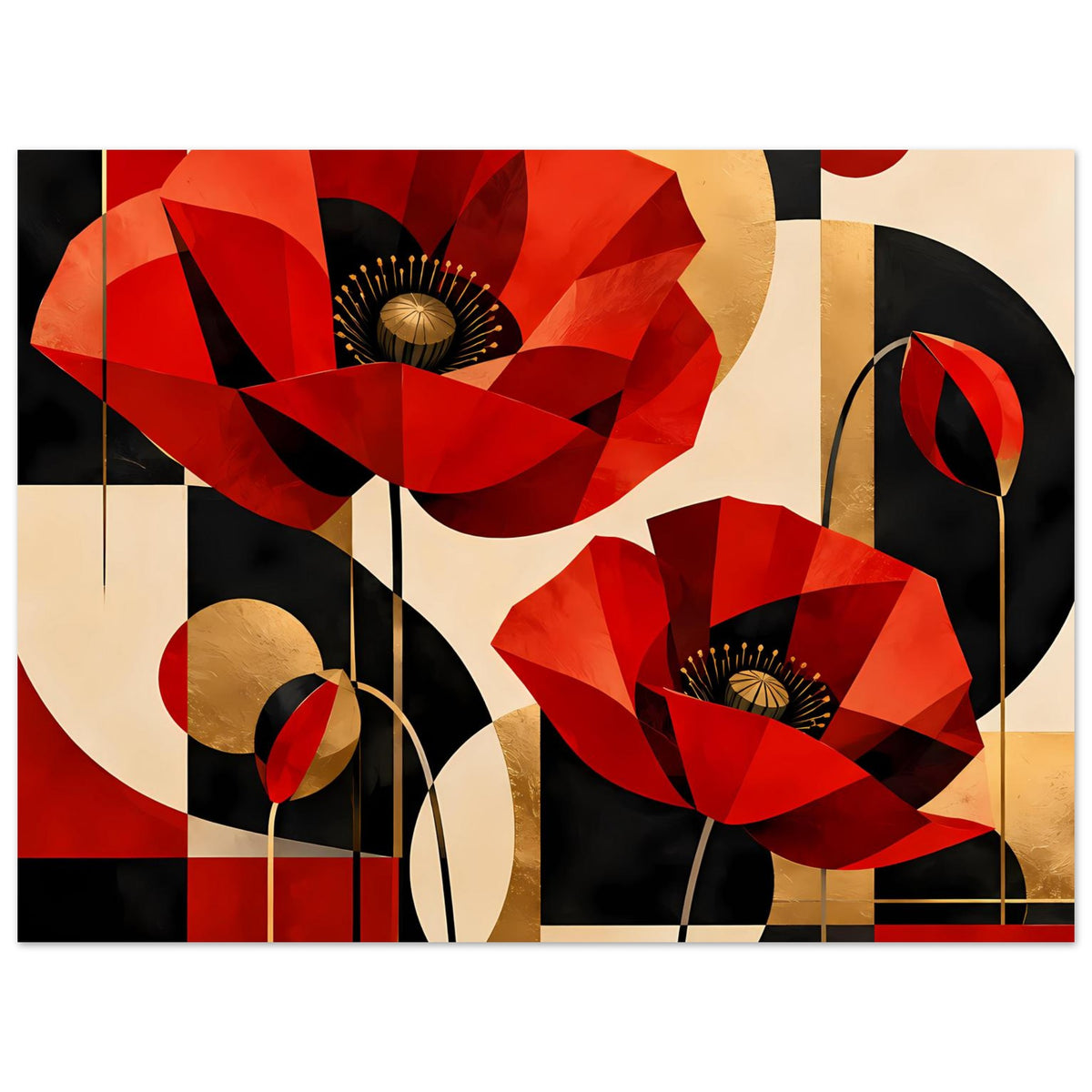 Kunstposter mit roten Mohnblüten, goldfarbenen Kreisen und roten sowie schwarzen Farbfeldern