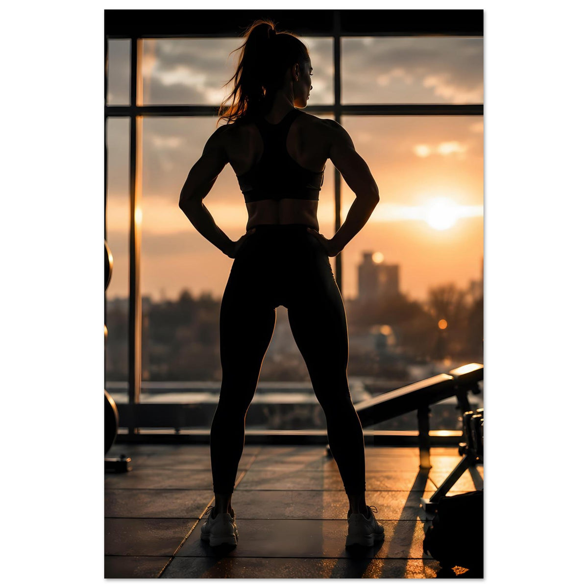 Fitness-Poster im Hochformat: Sportlerin-Silhouette in schwarzem Trainingsoutfit
