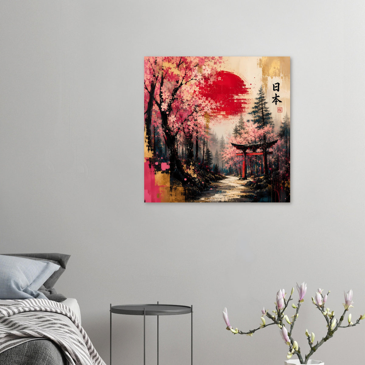 Quadratisches Poster mit Kirschblütenbaum, Torii und rotem Farbverlauf