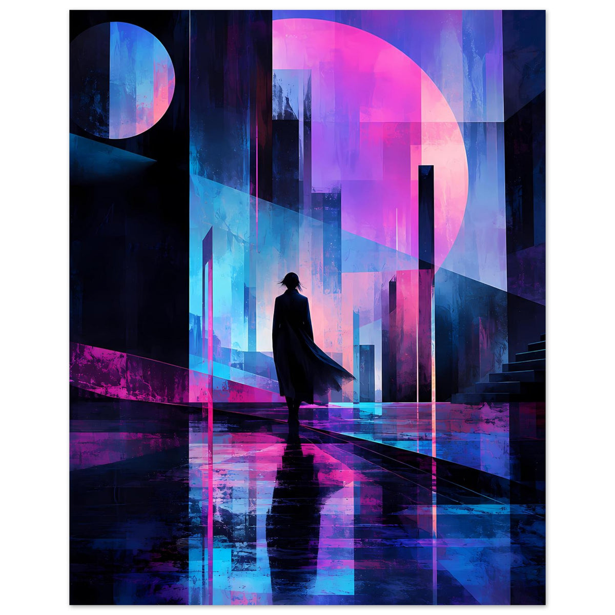 Neon-Nachtlandschaft-Poster im Hochformat mit dunkler Figur und magentablauem Licht