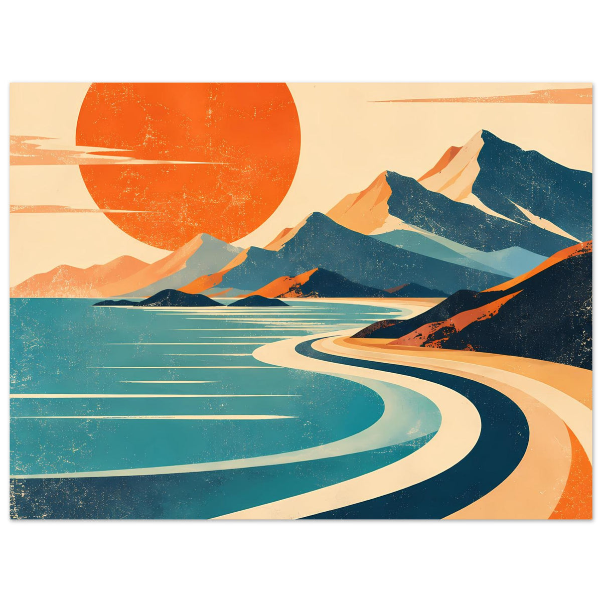 Querformatiges Vintage-Poster mit orangefarbener Sonne, blauen Bergen und kurvigem Meer
