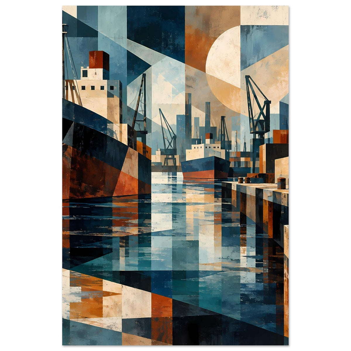 Geometrischer Hafen-Kunstdruck mit Schiffen und Kränen in Blau- und Erdtönen, vertikal