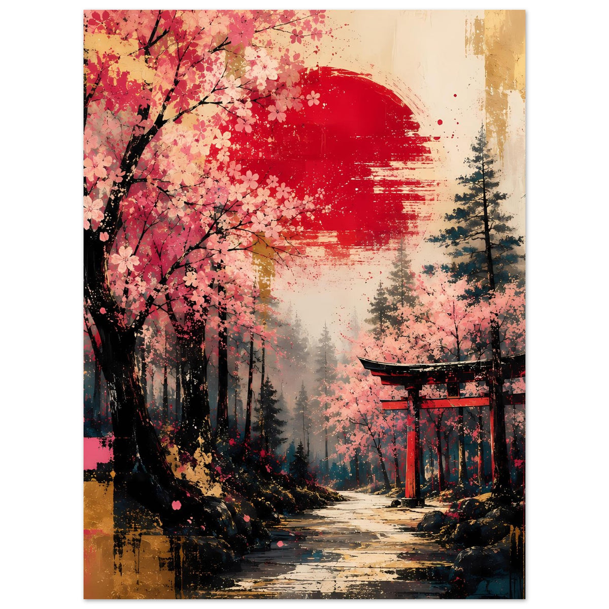 Poster im Hochformat mit Kirschblütenwald, rotem Halbmond und Torii am Pfad