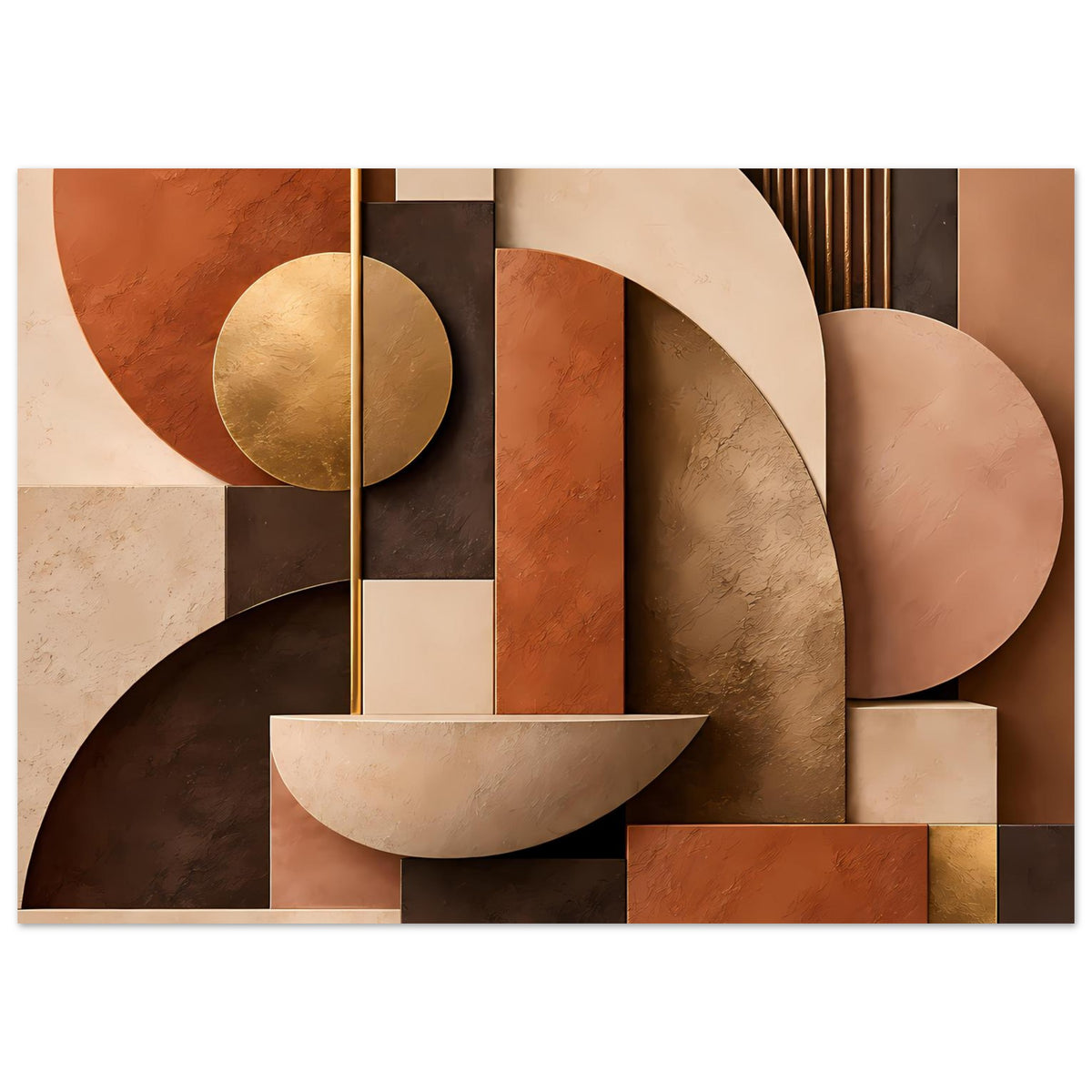 Kunstposter mit goldenem Rund und beigem Bogen über Blockformen in Terrakotta und Beige
