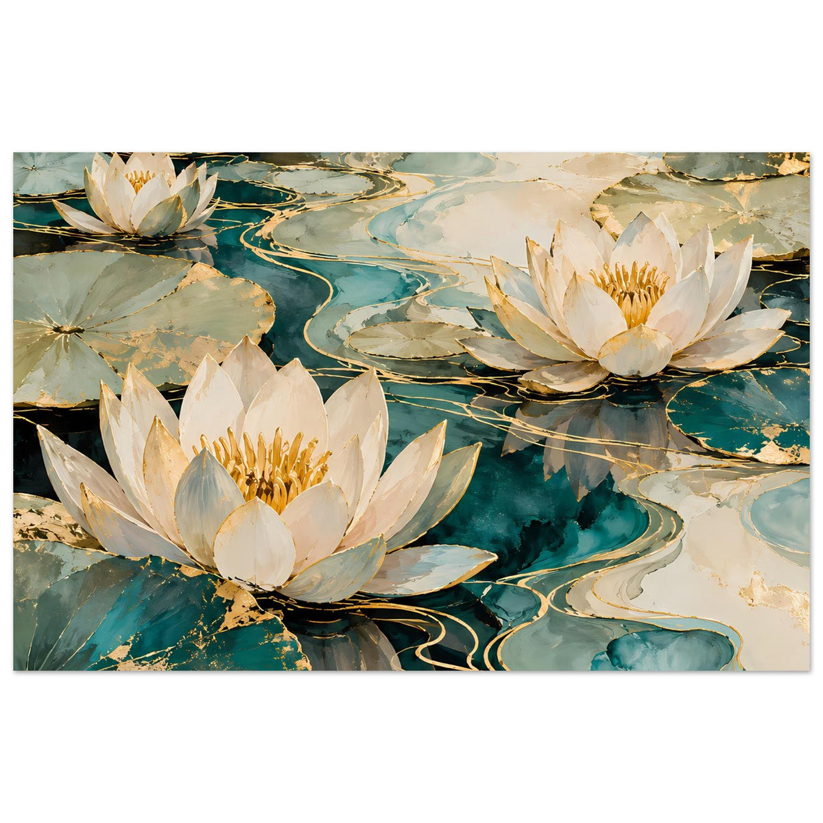 Lotusblüten-Wandposter: weiße Blüten, goldene Details, türkis-blaue Wasserlinien