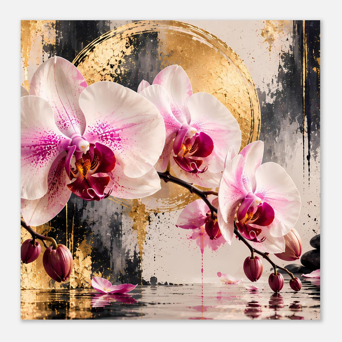 Orchideen-Poster: weiße Orchideen mit pinkem Zentrum, goldener Bogen und Reflexion