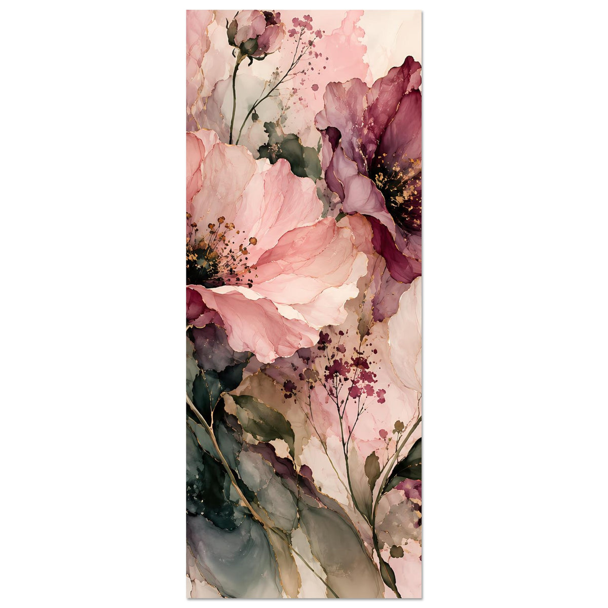 Hochkant-Blumenposter mit rosa und burgunderroten Blüten, feinen Blütenzweigen und Blattwerk.