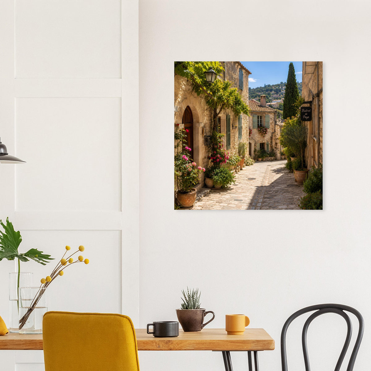 Poster im Rahmen mit provenzalischer Gasse zwischen Natursteinhäusern und Pflanzen