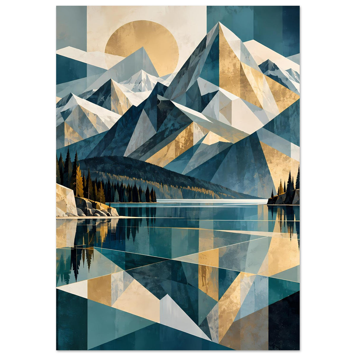 Wandposter mit geometrischer Bergsilhouette, Sonnenkreis im Hintergrund und See-Reflexion