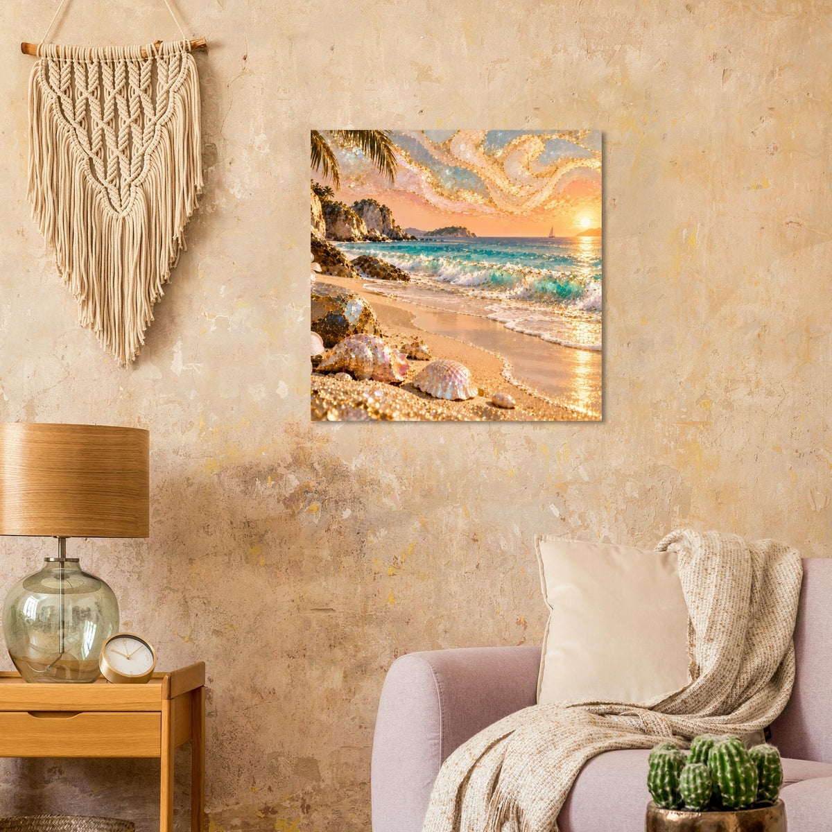 Quadratisches Strandposter mit goldenen Akzenten, Meer, Sand und Palmen bei Sonnenuntergang