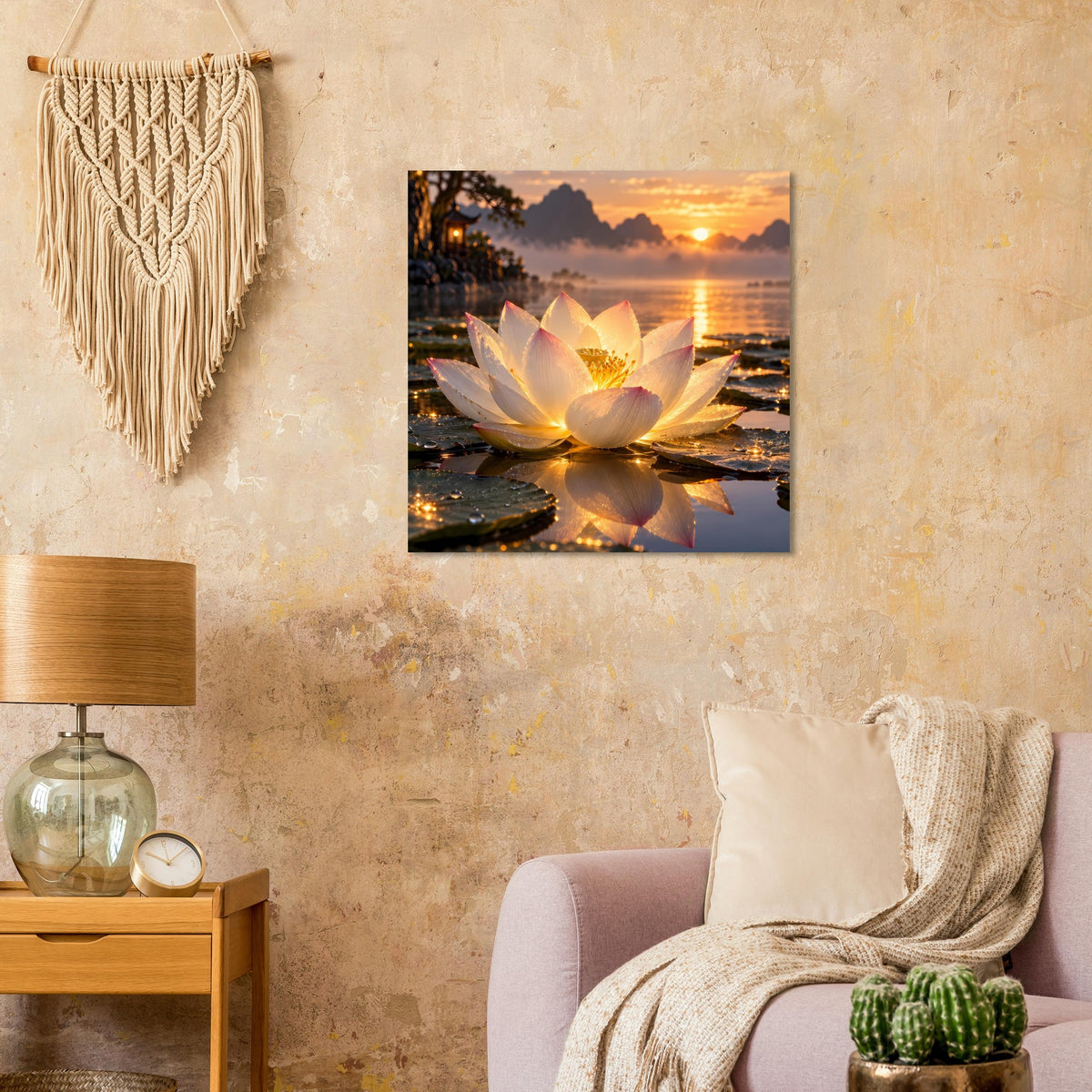 Lotusblüten-Poster mit detaillierter Blüte, golden beleuchtet am Ufer bei Sonnenaufgang