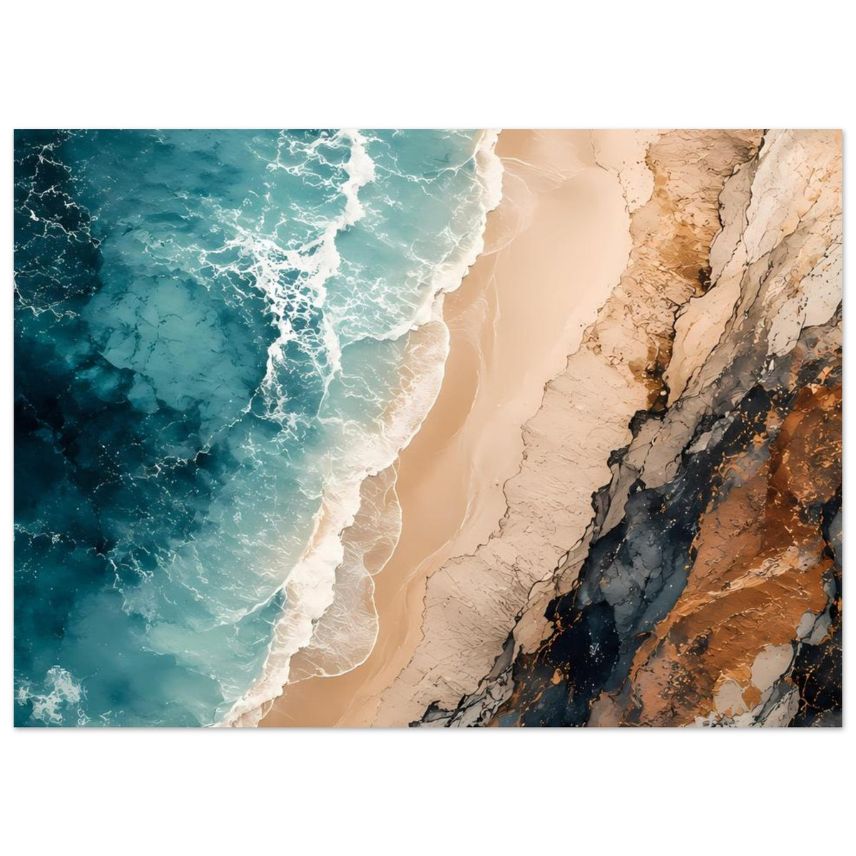 Poster im Querformat: türkisfarbenes Wasser, breiter Sandstrand und Felsen